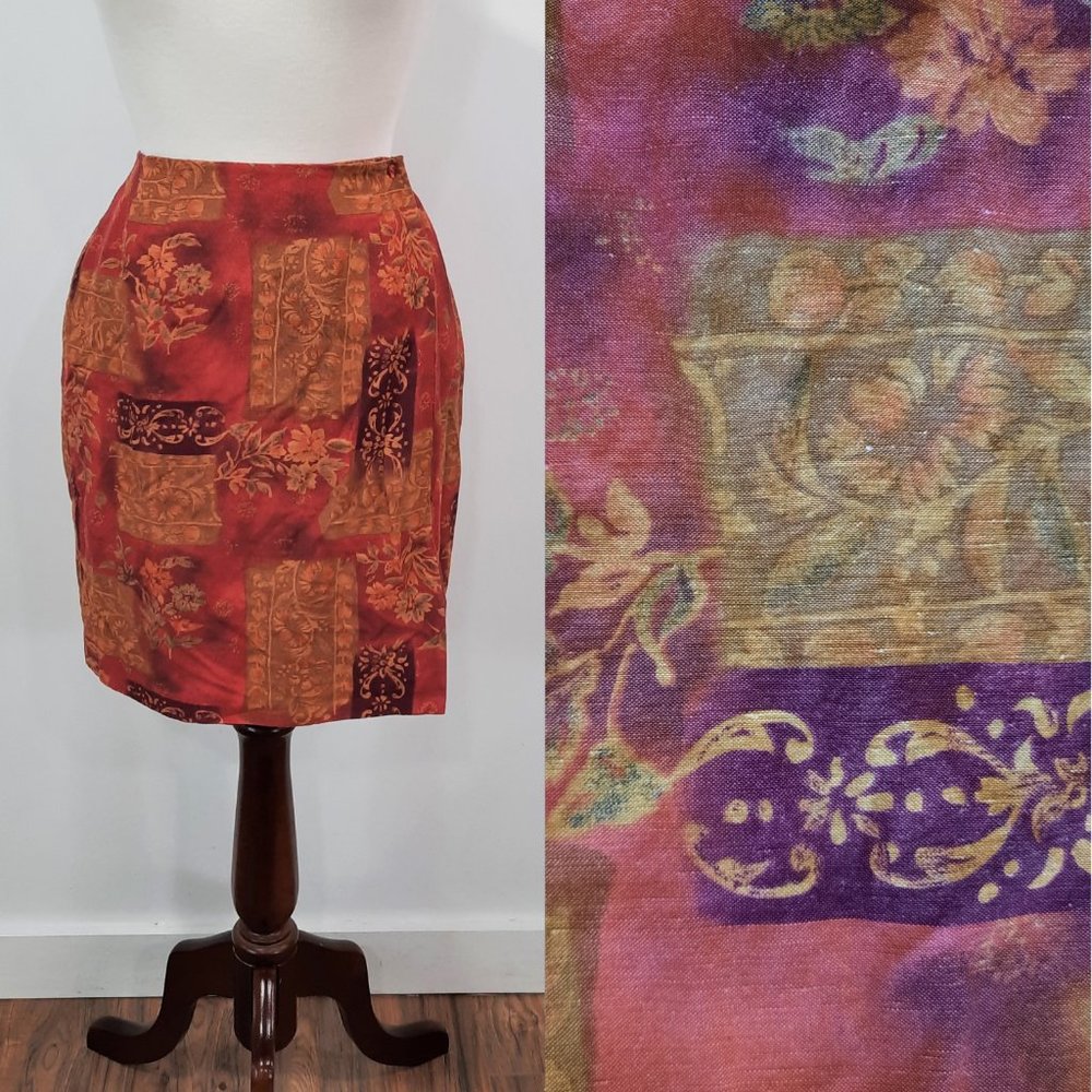 Vintage Red and Purple Patchwork Pencil Skirt
